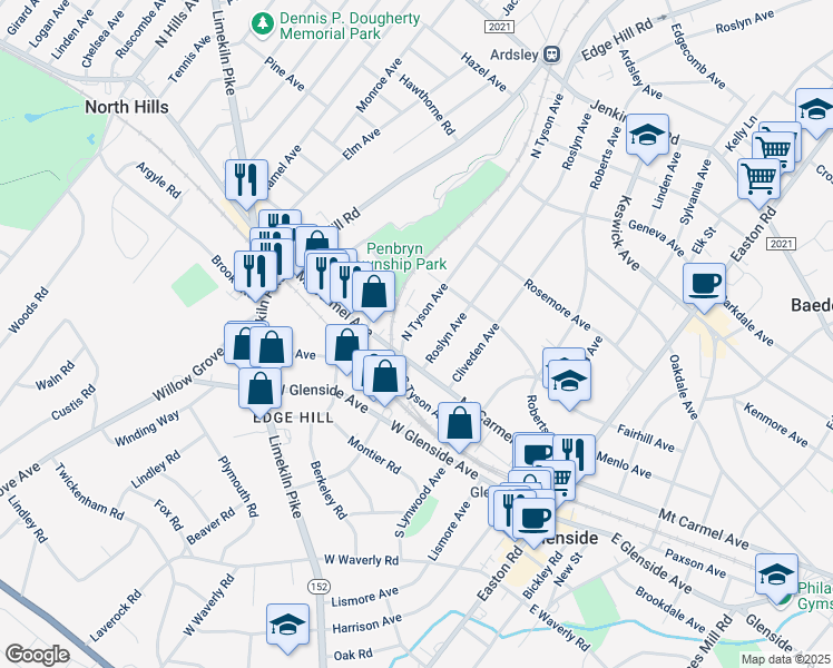 map of restaurants, bars, coffee shops, grocery stores, and more near 123 North Tyson Avenue in Glenside