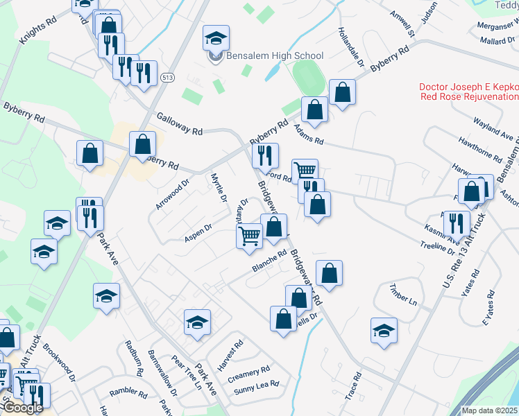 map of restaurants, bars, coffee shops, grocery stores, and more near 1608 Britany Drive in Bucks County