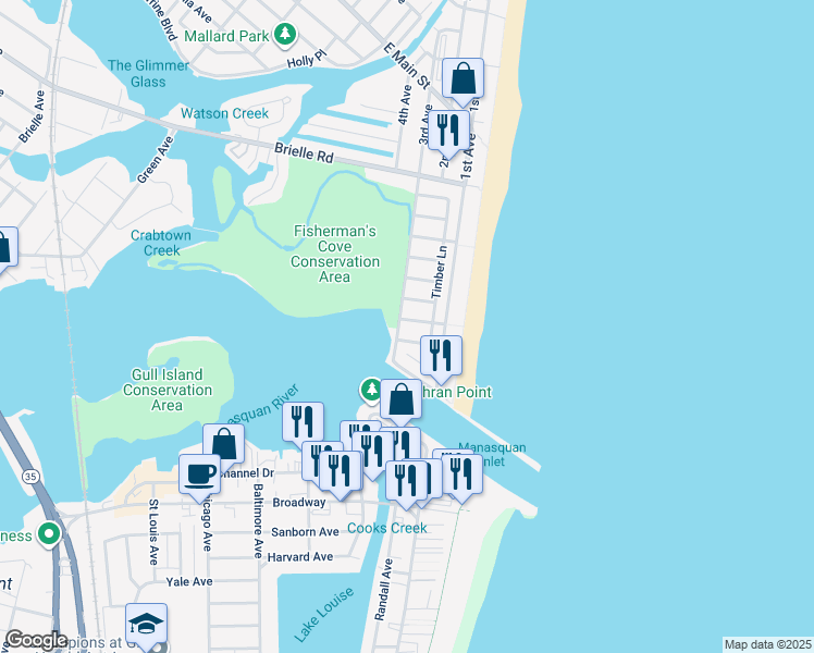 map of restaurants, bars, coffee shops, grocery stores, and more near 553 Whiting Avenue in Manasquan