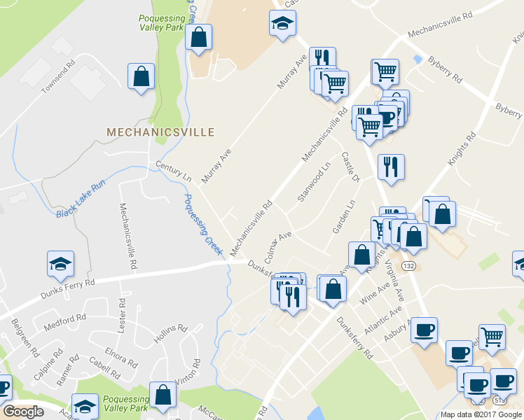 map of restaurants, bars, coffee shops, grocery stores, and more near 2650 Mechanicsville Road in Bensalem