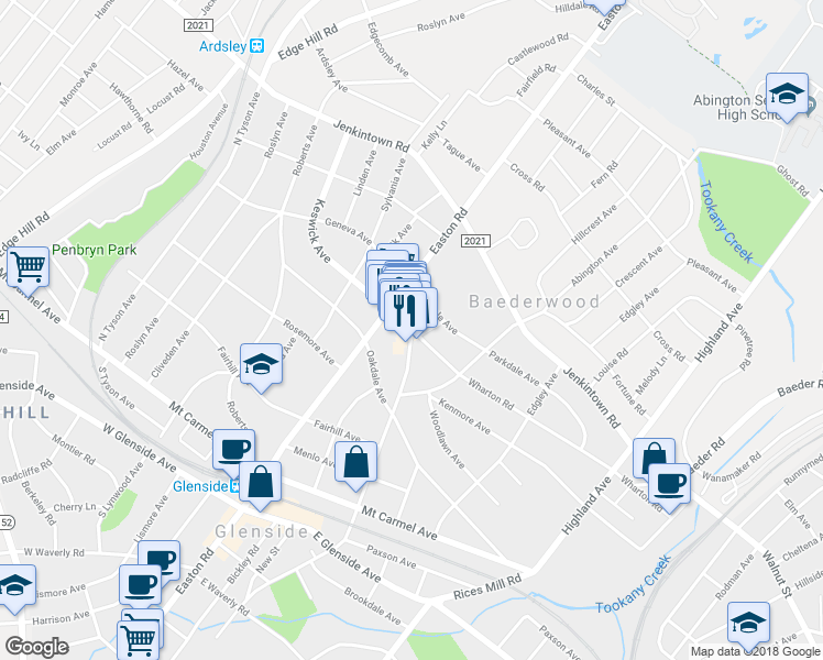map of restaurants, bars, coffee shops, grocery stores, and more near 271 North Keswick Avenue in Glenside