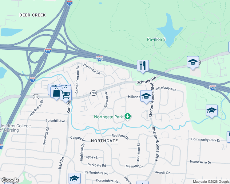 map of restaurants, bars, coffee shops, grocery stores, and more near 1779 Schrock Road in Columbus
