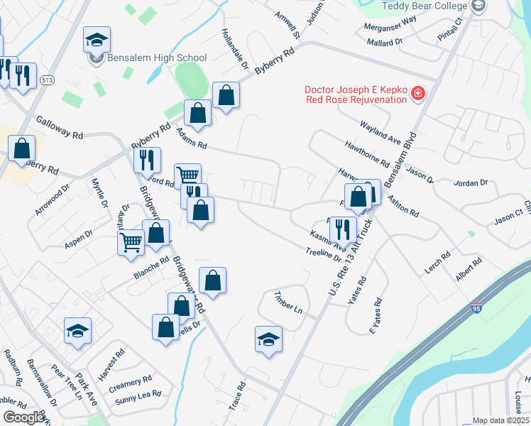 map of restaurants, bars, coffee shops, grocery stores, and more near 1300 Ford Road in Bensalem