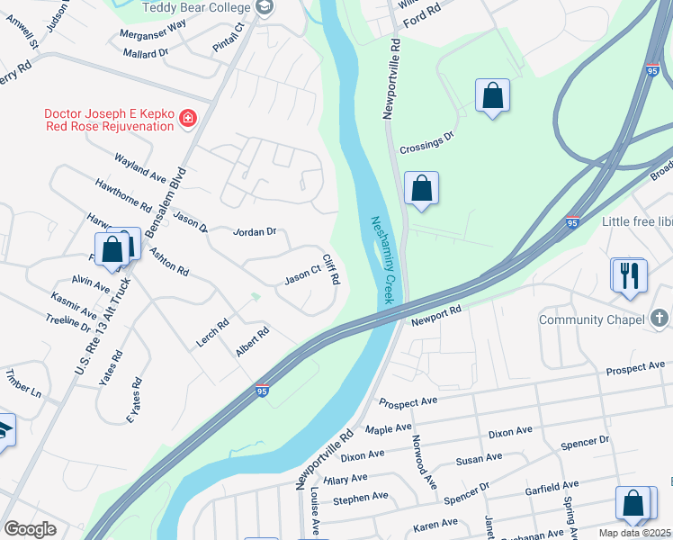 map of restaurants, bars, coffee shops, grocery stores, and more near 789 Cliff Road in Bensalem