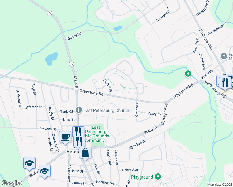 map of restaurants, bars, coffee shops, grocery stores, and more near 2224 Olde Meadow Court in East Petersburg