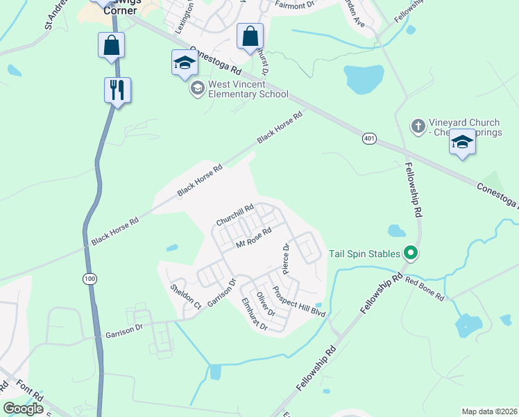 map of restaurants, bars, coffee shops, grocery stores, and more near 1008 Fisher Street in Chester Springs