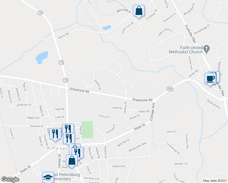 map of restaurants, bars, coffee shops, grocery stores, and more near 2317 Lawnwood Court in East Petersburg