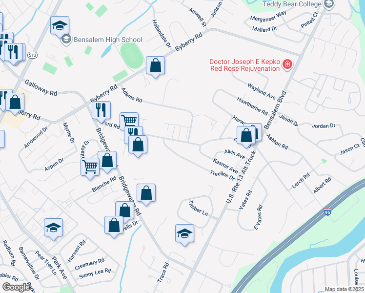 map of restaurants, bars, coffee shops, grocery stores, and more near 1300 Ford Road in Bensalem