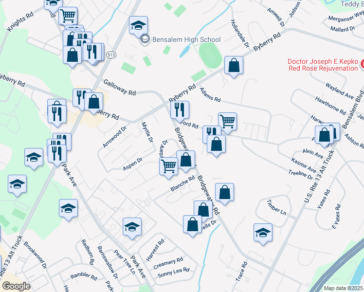 map of restaurants, bars, coffee shops, grocery stores, and more near 1601 Britany Drive in Bucks County