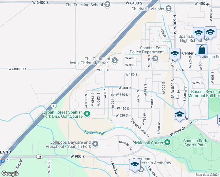 map of restaurants, bars, coffee shops, grocery stores, and more near 302 South 1170 West in Spanish Fork