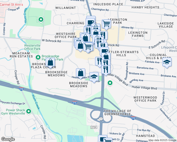 map of restaurants, bars, coffee shops, grocery stores, and more near 102 Lancelot Lane in Westerville