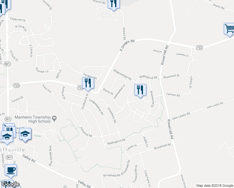 map of restaurants, bars, coffee shops, grocery stores, and more near 435 Haymarket Ln in Lititz