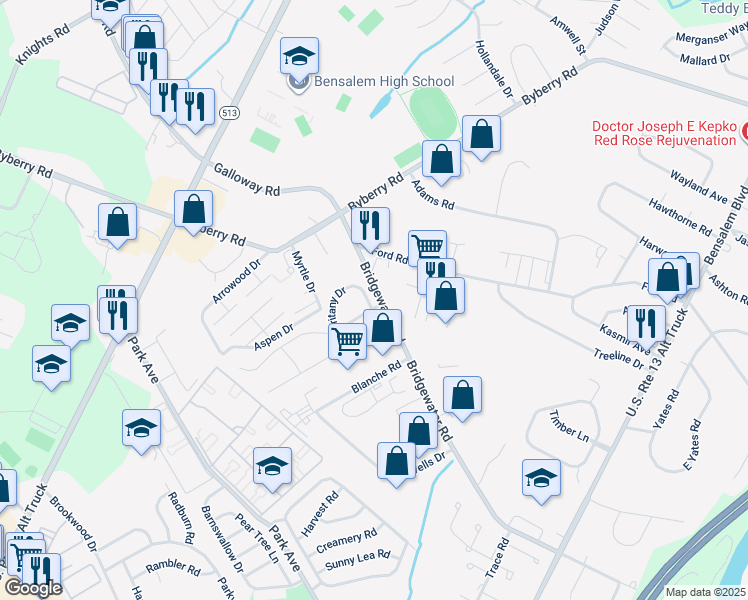 map of restaurants, bars, coffee shops, grocery stores, and more near 1601 Britany Drive in Bucks County
