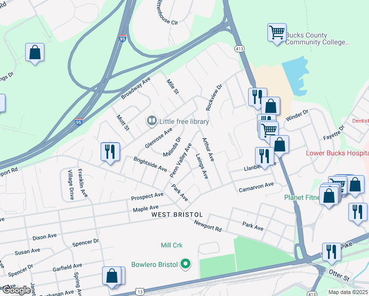 map of restaurants, bars, coffee shops, grocery stores, and more near 3013 Penn Valley Avenue in Bristol