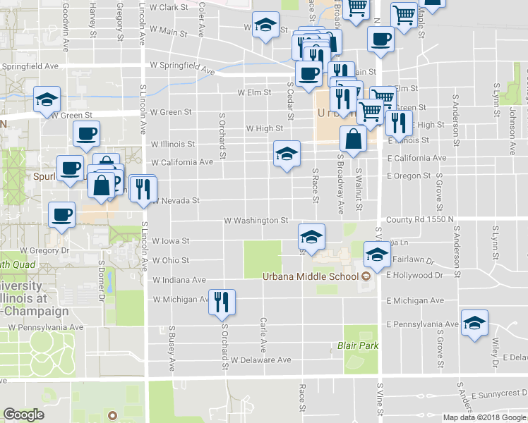 map of restaurants, bars, coffee shops, grocery stores, and more near 807 Birch Street in Urbana