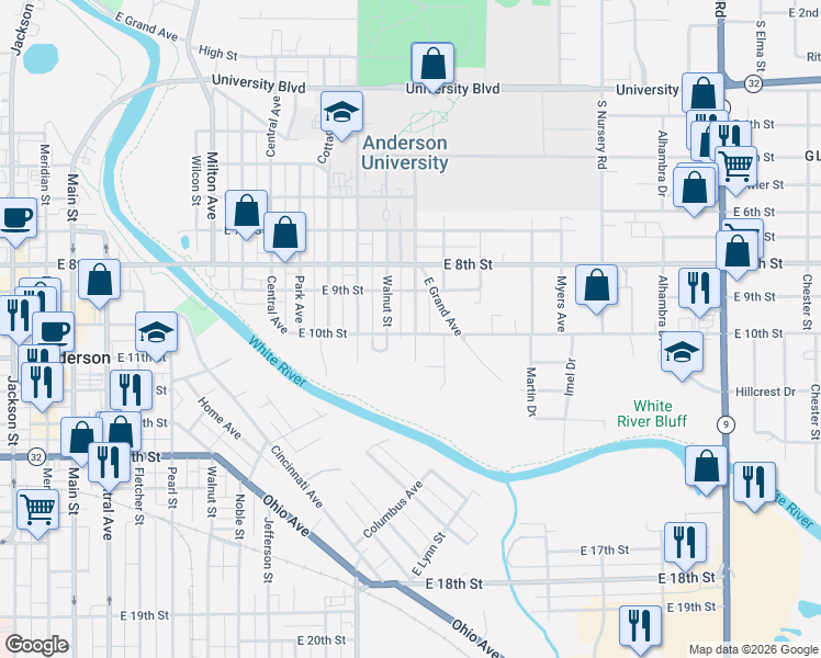 map of restaurants, bars, coffee shops, grocery stores, and more near 1007 Chestnut Street in Anderson