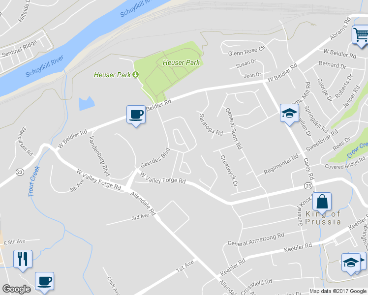 map of restaurants, bars, coffee shops, grocery stores, and more near 703 Whitetail Circle in King of Prussia