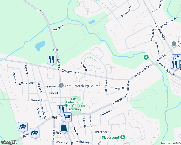 map of restaurants, bars, coffee shops, grocery stores, and more near 2224 Olde Meadow Court in East Petersburg