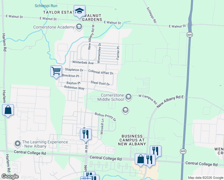 map of restaurants, bars, coffee shops, grocery stores, and more near 7252 West Campus Road in New Albany