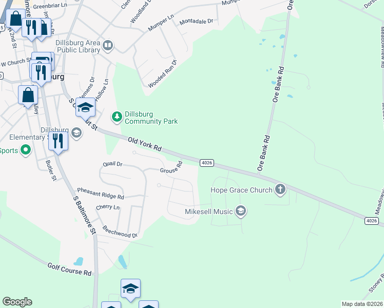 map of restaurants, bars, coffee shops, grocery stores, and more near 55 Old York Road in Dillsburg