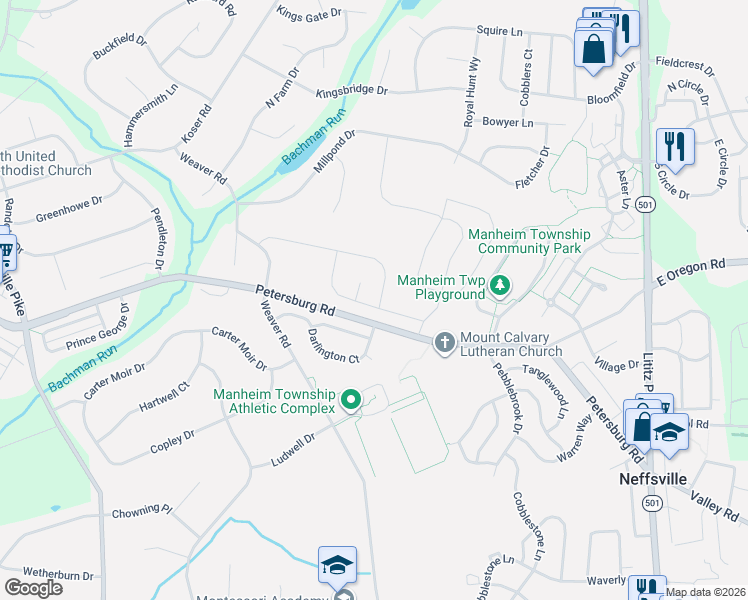 map of restaurants, bars, coffee shops, grocery stores, and more near 346 Amber Drive in Lititz