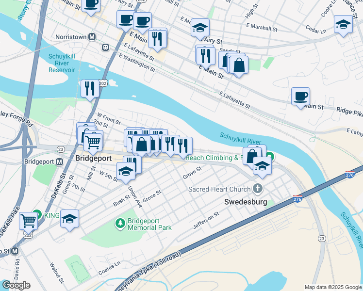 map of restaurants, bars, coffee shops, grocery stores, and more near 198 E Front St in Bridgeport
