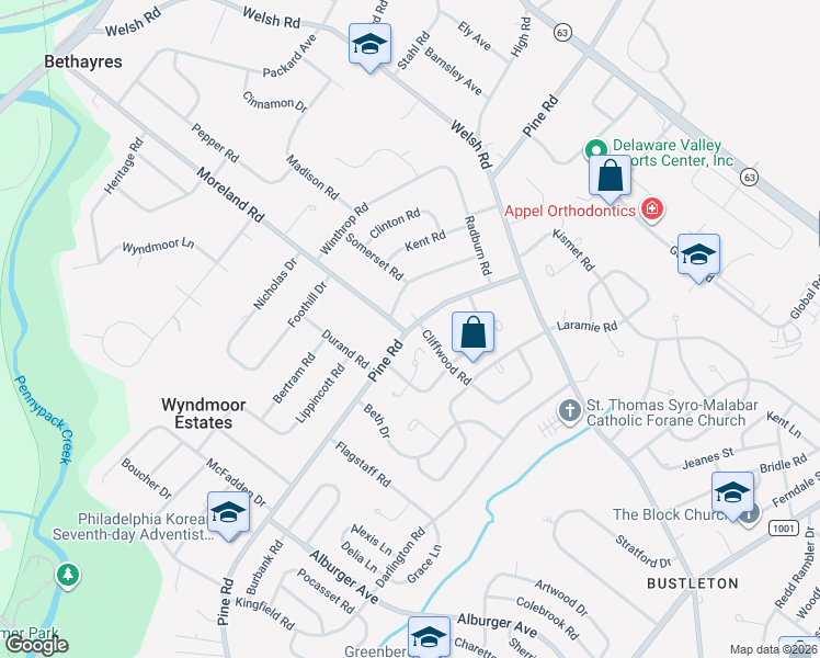 map of restaurants, bars, coffee shops, grocery stores, and more near 1828 Pine Road in Philadelphia
