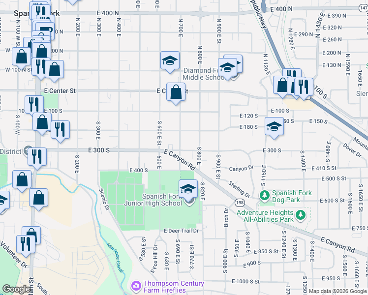 map of restaurants, bars, coffee shops, grocery stores, and more near 309 South 700 East Street in Spanish Fork