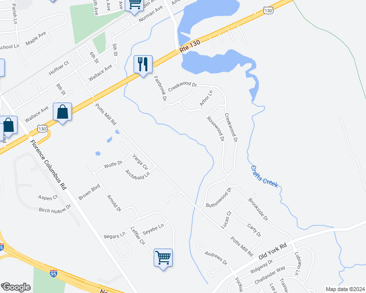 map of restaurants, bars, coffee shops, grocery stores, and more near 1031 Potts Mill Road in Bordentown