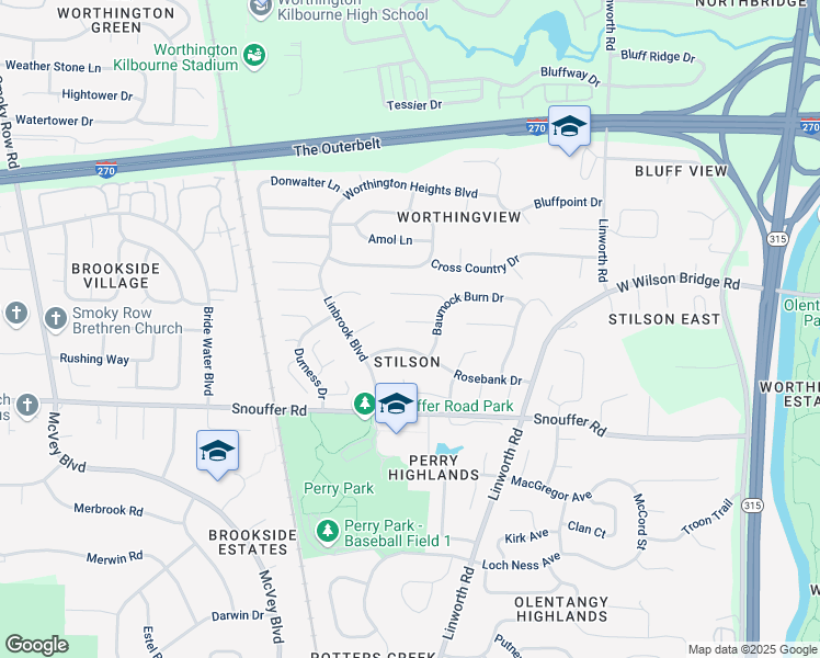 map of restaurants, bars, coffee shops, grocery stores, and more near 1224 Rosebank Drive in Columbus