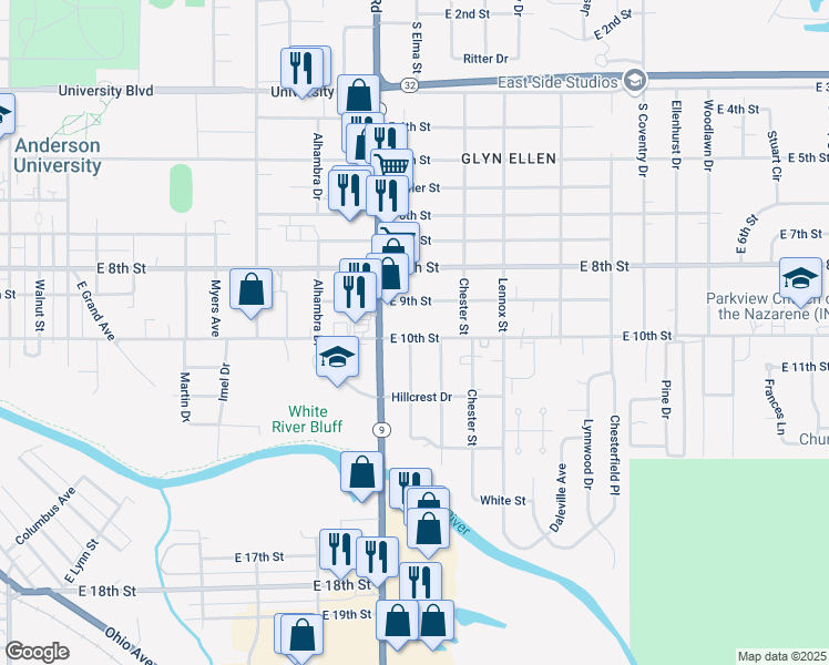 map of restaurants, bars, coffee shops, grocery stores, and more near 2303 East 10th Street in Anderson
