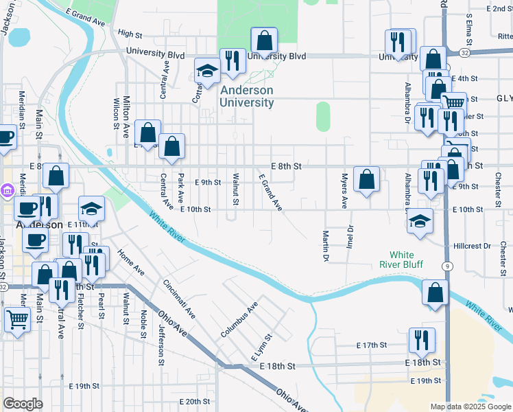 map of restaurants, bars, coffee shops, grocery stores, and more near 1007 Chestnut Street in Anderson