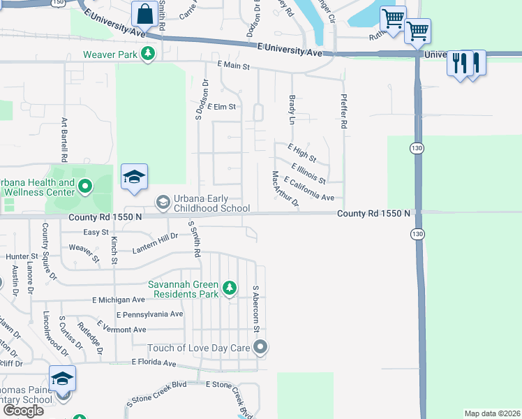 map of restaurants, bars, coffee shops, grocery stores, and more near 2314 Prairie Green Drive in Urbana