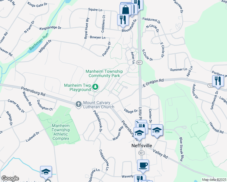 map of restaurants, bars, coffee shops, grocery stores, and more near 111 Village Drive in Mountville