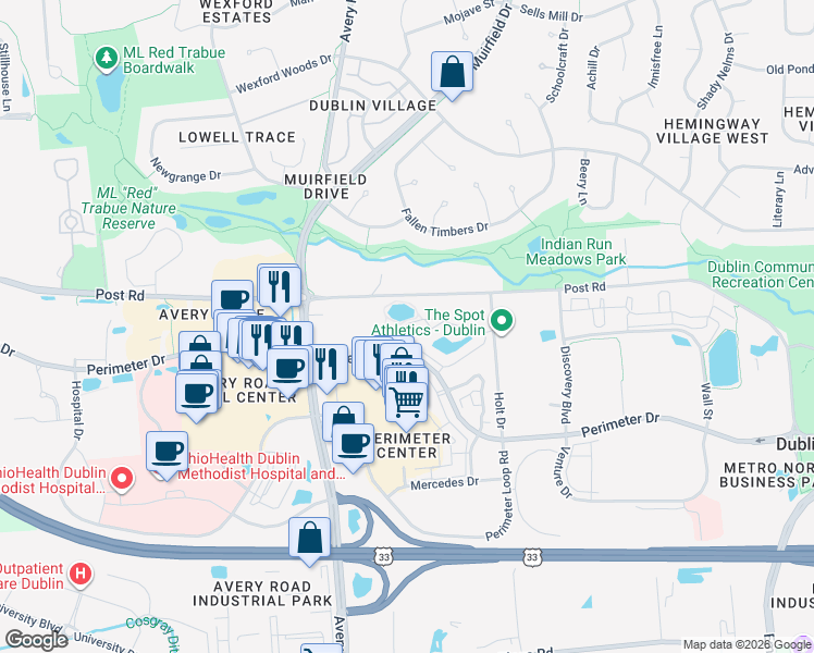 map of restaurants, bars, coffee shops, grocery stores, and more near 6100 Perimeter Lakes Drive in Dublin
