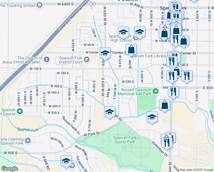 map of restaurants, bars, coffee shops, grocery stores, and more near 272 South 590 West in Spanish Fork