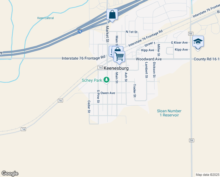 map of restaurants, bars, coffee shops, grocery stores, and more near 50 Owen Avenue in Keenesburg