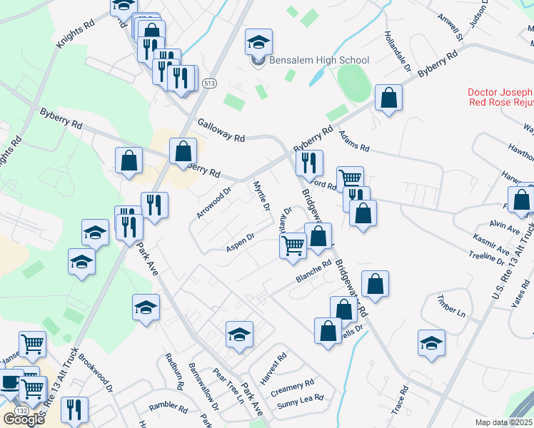 map of restaurants, bars, coffee shops, grocery stores, and more near 1901 Ironwood Lane in Bucks County