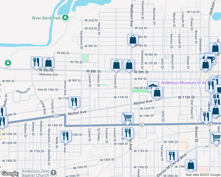 map of restaurants, bars, coffee shops, grocery stores, and more near 1218 West 11th Street in Anderson