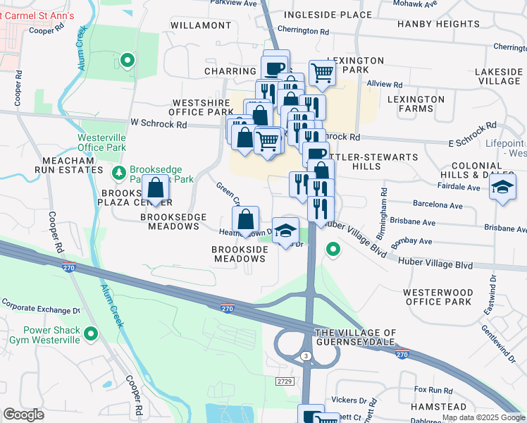 map of restaurants, bars, coffee shops, grocery stores, and more near 102 Lancelot Lane in Westerville