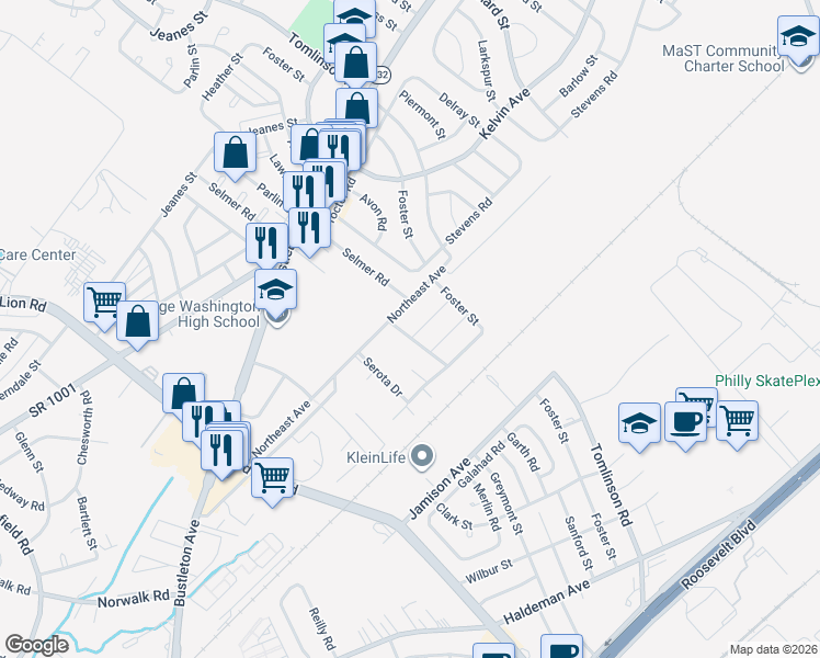map of restaurants, bars, coffee shops, grocery stores, and more near 10202 Murty Lane in Philadelphia