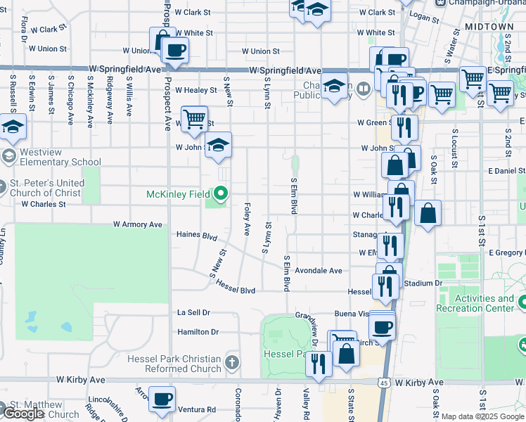 map of restaurants, bars, coffee shops, grocery stores, and more near 809 South Lynn Street in Champaign