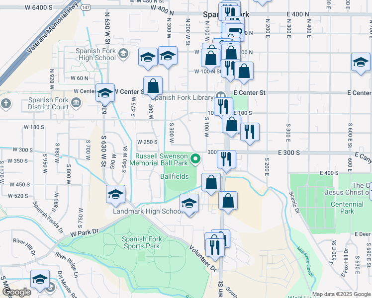 map of restaurants, bars, coffee shops, grocery stores, and more near 225 W 300 S in Spanish Fork