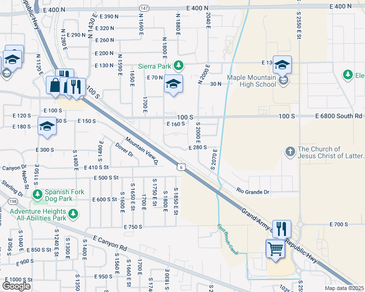 map of restaurants, bars, coffee shops, grocery stores, and more near 1909 East 280 South in Spanish Fork