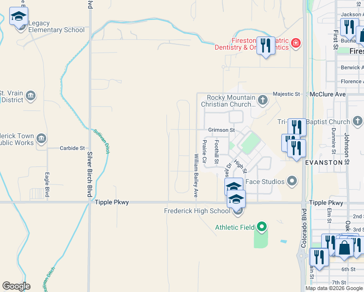 map of restaurants, bars, coffee shops, grocery stores, and more near 7221 Shavano Avenue in Longmont