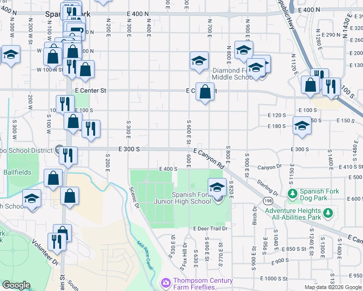 map of restaurants, bars, coffee shops, grocery stores, and more near 560 East 300 South in Spanish Fork