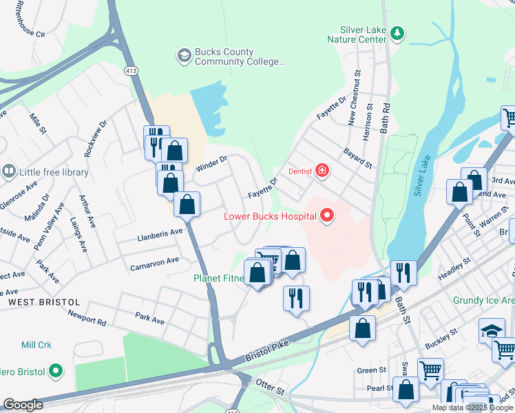 map of restaurants, bars, coffee shops, grocery stores, and more near 823 Winder Drive in Bristol