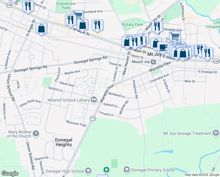 map of restaurants, bars, coffee shops, grocery stores, and more near 345 Richland Lane in Mount Joy
