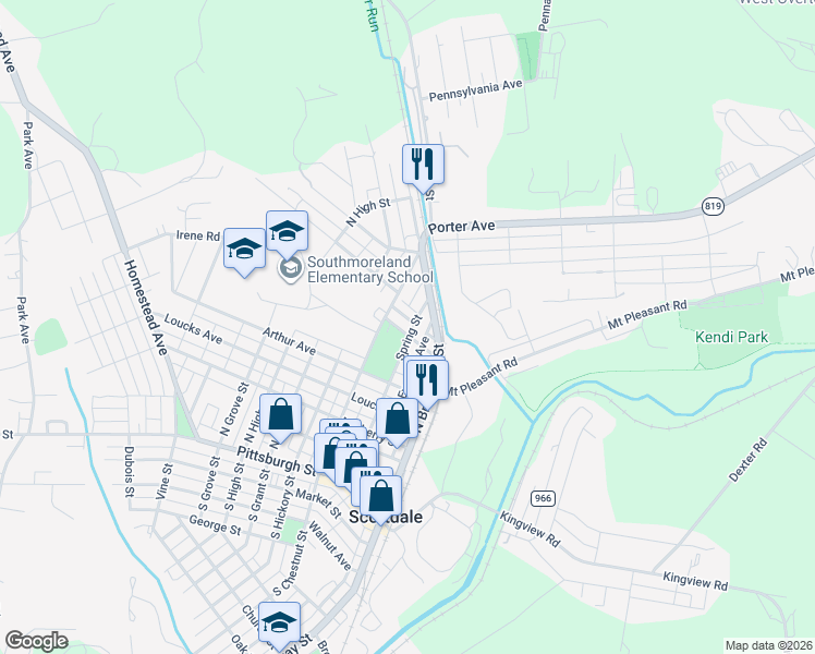 map of restaurants, bars, coffee shops, grocery stores, and more near 105 Park Street in Scottdale