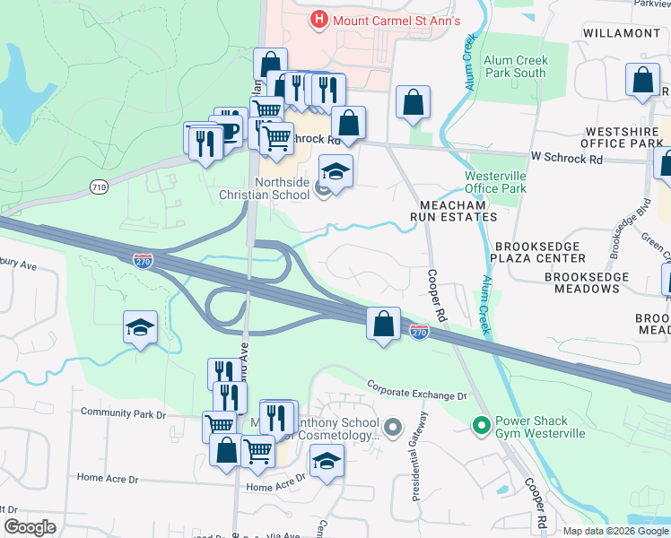 map of restaurants, bars, coffee shops, grocery stores, and more near 2719 Cooper Ridge Road in Columbus